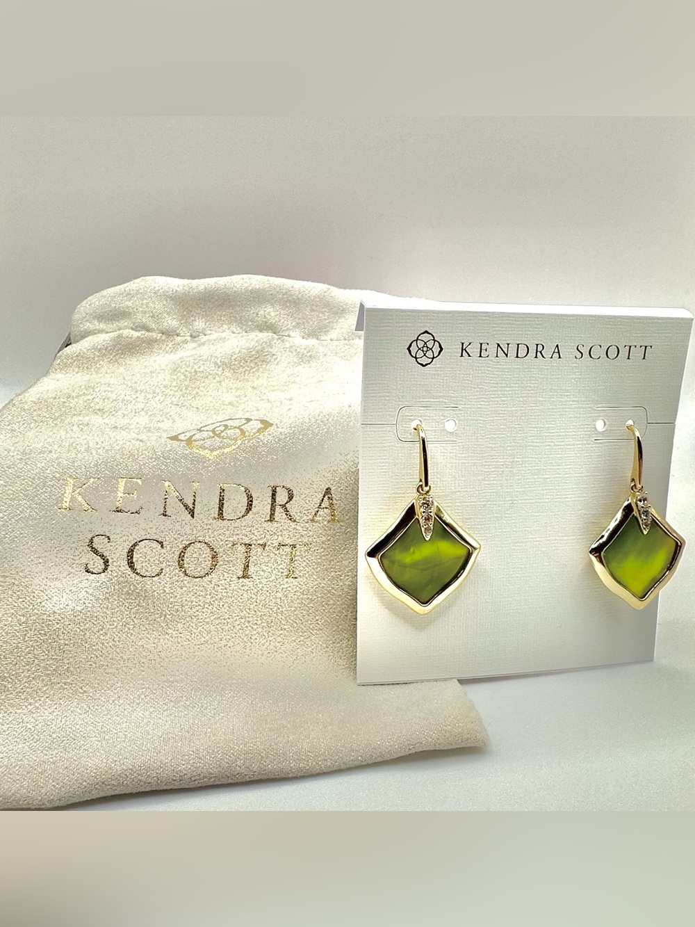 Kendra Scott Joelle Green & Gold Cushion Stone MOP Bezel Drop Earrings NWT